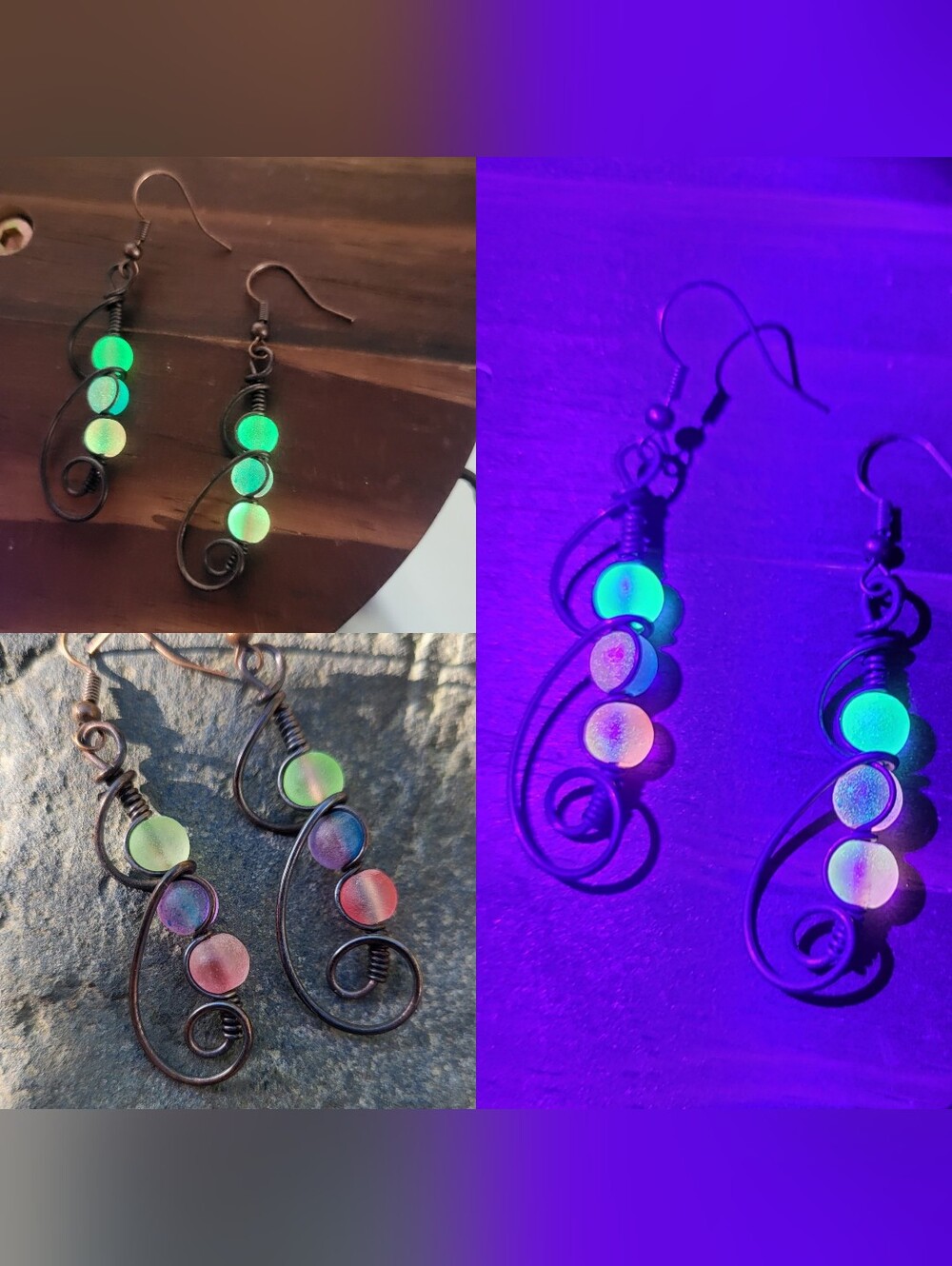 Handmade Copper Wire Wrap UV Reactive Glass Bead Earrings